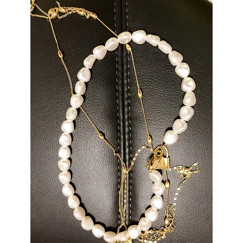 JUST FEEL 3Pcs/Set Punk Multi Layer Imitation Pearl Choker Necklace Collar Boho Lock Penadnt Long Chain Necklace Women Jewelry