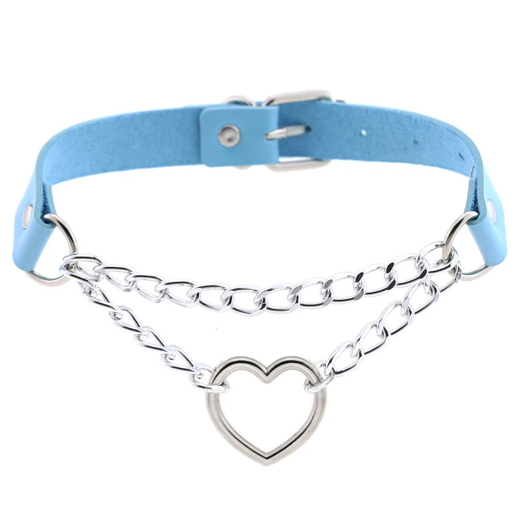 2021 Fashion Punk Blue Leather Choker Necklace Multilayer Heart Round Chocker Sexy Collar E Girl Women Necklace Gothic Jewelry 