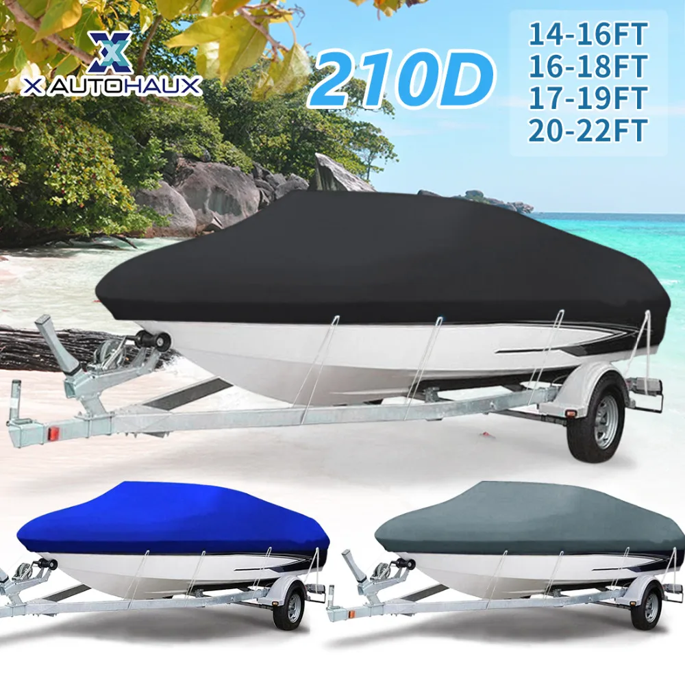 X AUTOHAUX 14-22ft 210D Trailerable Boat Cover Waterproof UV Protector Fishing Speedboat V-shape Black Sunproof Boat Cover