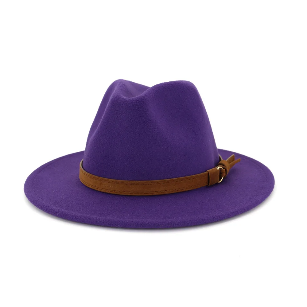 purple Пояс Пряжка Декор широкие полями вечерние шляпка для официальных мероприятий для мужчин и женщин фетровая шляпа большого размера британский стиль леди джаз шляпа - Цвет: purple