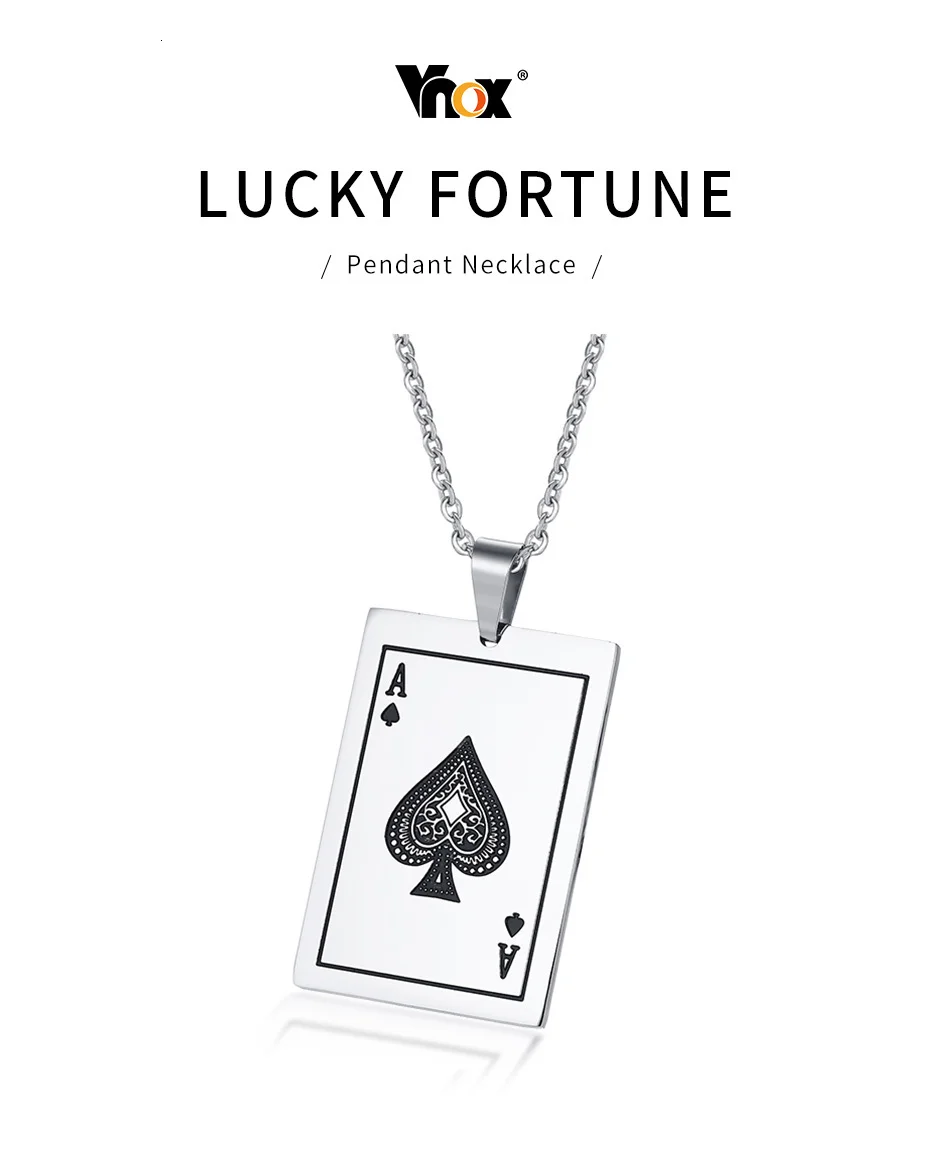 Vnox Lucky Ace Of Spades мужское ожерелье Серебряный тон покерный кулон для мужчин из нержавеющей стали казино Фортуна игральные карты
