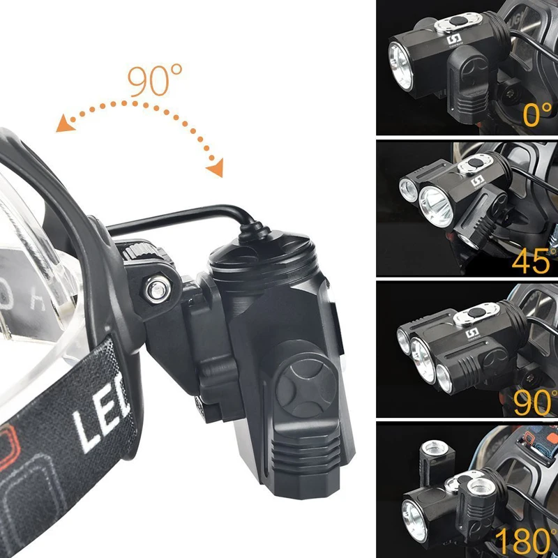 Головной фонарь 3x T6 3 лампы 4 режима затемнения Водонепроницаемый Мощный светодиодный налобный фонарик Автомобильное зарядное устройство перезаряжаемый аккумулятор налобный фонарь