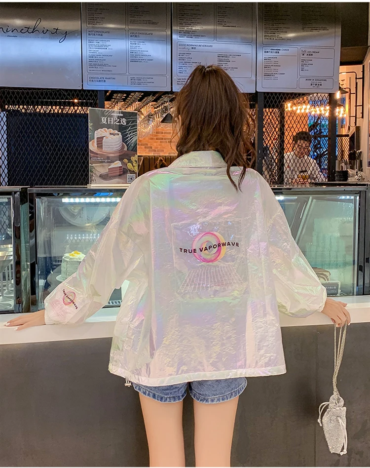 YUANYUANJYCO summer thin woman jacket reflective colorful with a zipper long sleeve fashion white pink jackets for women coats