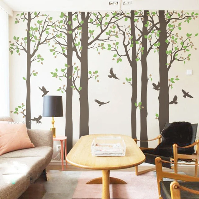 Adesivi murali albero della foresta di grandi dimensioni sei bauli  decorazioni per la casa soggiorno camera da letto decalcomanie con uccelli  verdi murales fai da te rimovibili YT5665 - AliExpress