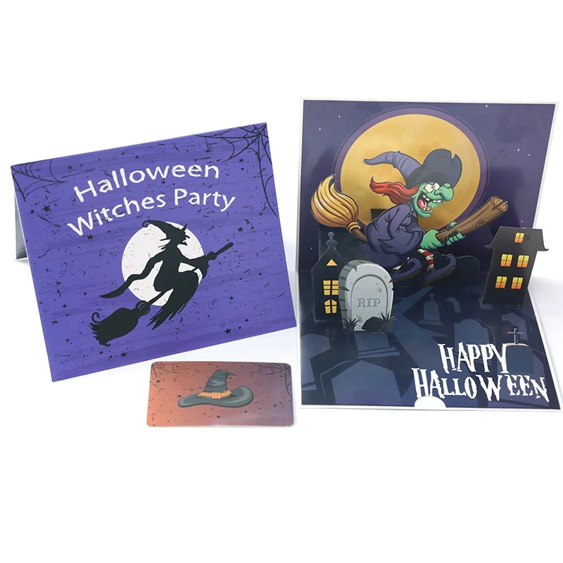  Flying evil witch 3D pop-up Halloween card trick or treat greeting card Halloween party invitation - 4000578765868