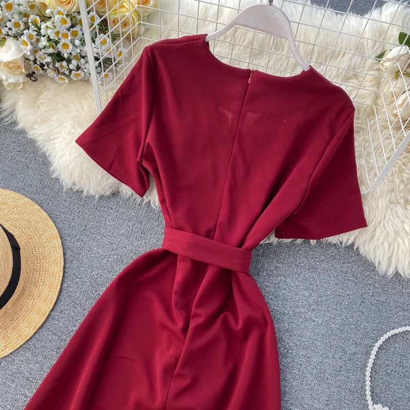 ALPHALMODA Весна Лето Женское платье с v-образным вырезом и короткими рукавами ТРАПЕЦИЕВИДНОЕ однотонное женское Повседневное платье