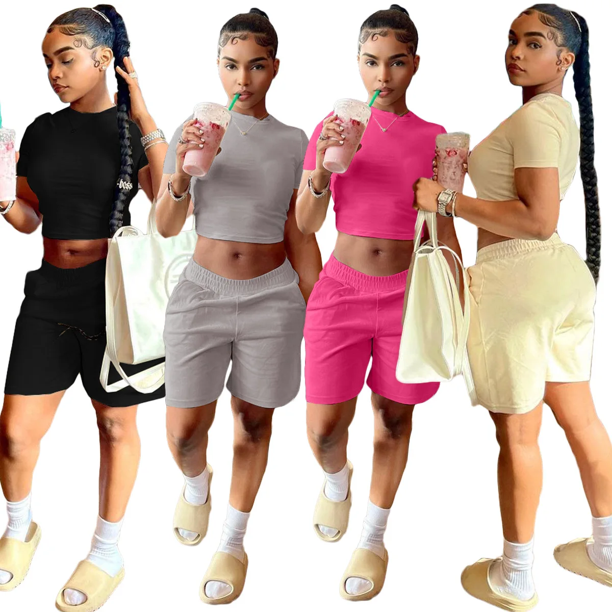 Fitness Women 2 Piece Set Solid Short Sleeve Crop Top + Baggy Short Matching Set 2021 Summer Jogger Set Sporty Workout Tracksuit