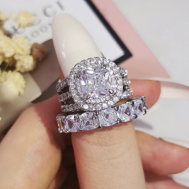 2022 New 925 Sterling Silver Cushion Cut Finger Ring Sets For Women Jewelry Pure Wedding Engagement Rings Personalized R5714 | Украшения и