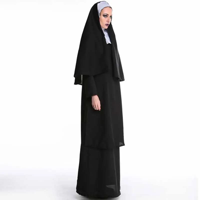 Девы Mary Nuns костюмы для женщин сексуальные длинные черные Необычные Вечерние платья Арабская религия монах Униформа призрака Хэллоуин косплей