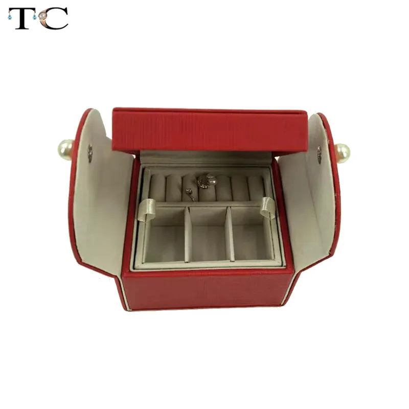 Двойная открытая коробка для ювелирных изделий, кожаное косметическое ожерелье, чехол для хранения, органайзер, милый корейский стиль, кольцо, серьги, упаковка, Подарочная коробка для путешествий - Цвет: RED