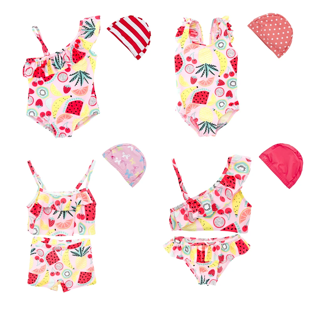 

Top Sale Summer Baby Girl Swimwear Hats 2PCS/set Fruit Full Print Sleeveless Sling Kids Girls Swimsuit With Dot Striped Swim Hat