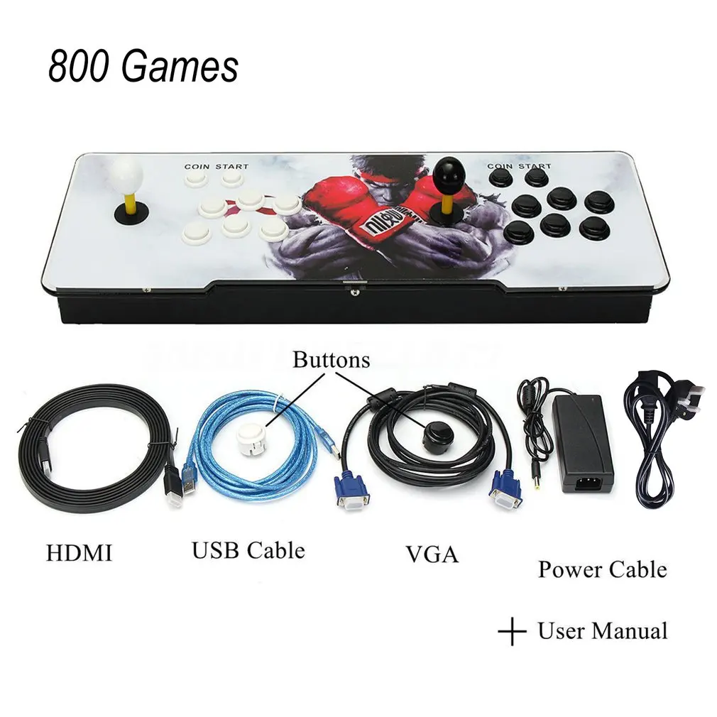 

UK 800 Games Home Multiplayer Arcade Game Console Kit Set Double Joystick HDMI VGA Interface Console With Pause Function