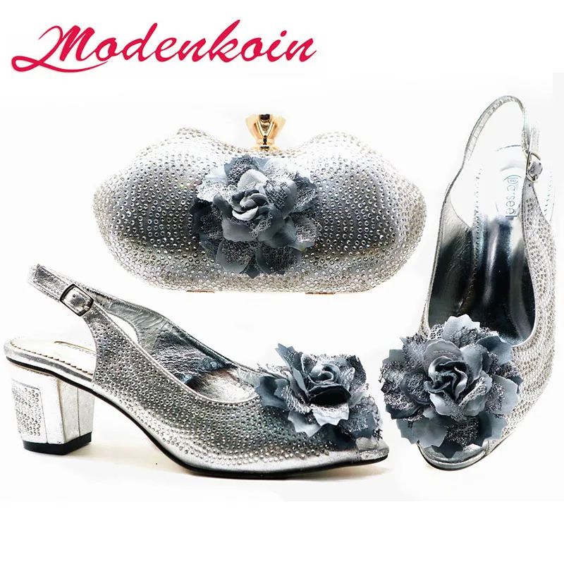 Silver Modenkoin/модный итальянский комплект из туфель и сумочки розового цвета; Новое поступление; комплект из свадебных туфель и сумочки в африканском стиле с объемной аппликацией - Цвет: Silver