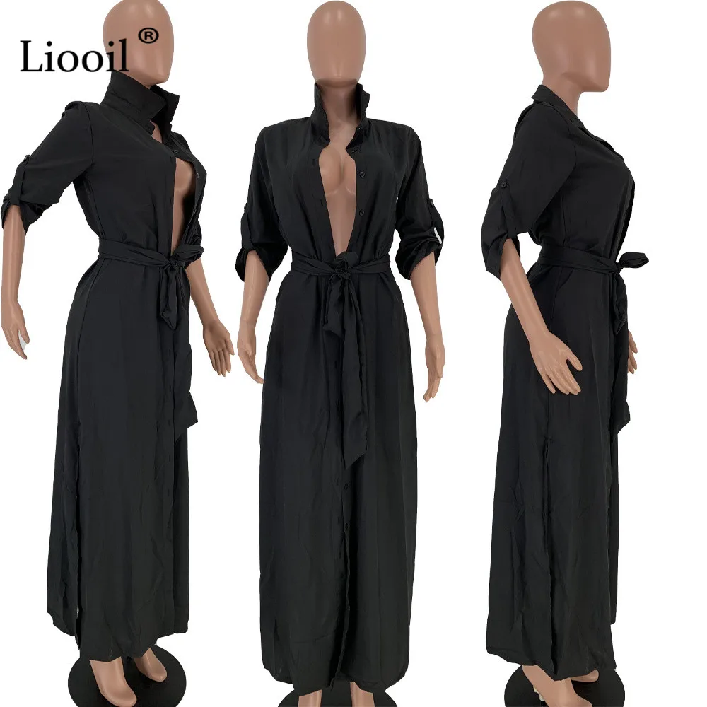 Liooil черный белый сексуальный разрез длинное платье-рубашка Женская Клубная одежда осень кнопка вверх пояс с высокой талией макси платья женские вечерние ночные