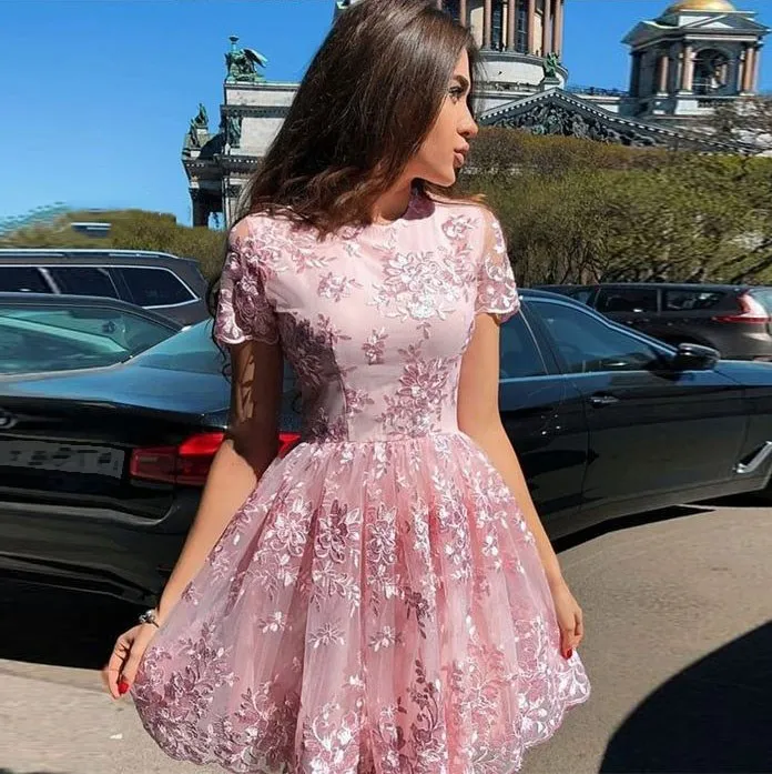 

Party Pink Dress Solid Sexy O Neck Lace Short Dress Women Casual Mini Dress Vestidos