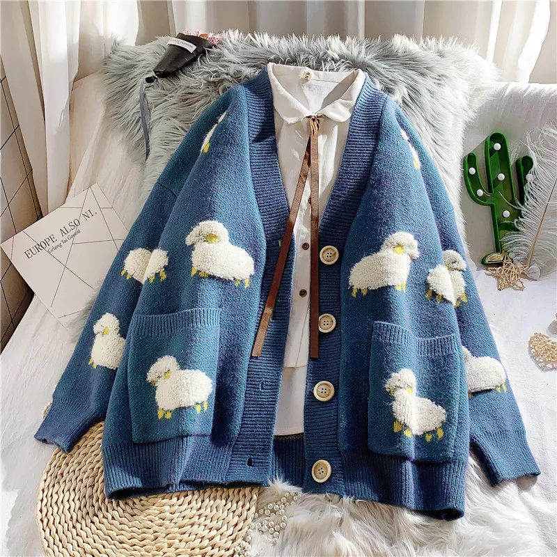 

2020 Autumn New Knit Female Cardigan Loose Streetwear Knit Sweater Coat Cute Cartoon Print V Neck knitted cardigan Women Jacket