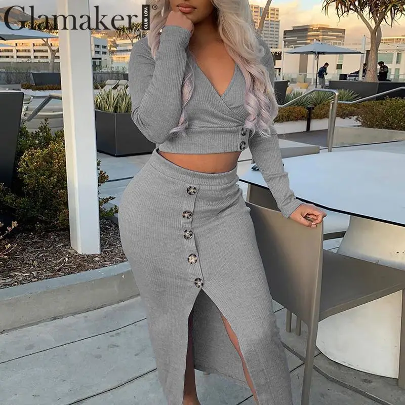 Glamaker вязаный костюм из двух частей сексуальное платье зимнее женское с v-образным вырезом элегантное платье миди осенние вечерние Клубные платья с длинным рукавом облегающее платье
