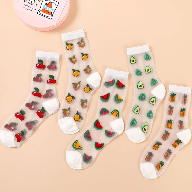 Creative Design Breathable Korean Style Thin Transparent Funny Socks Women Fruit Avocado Watermelon Pineapple  Glass Lace