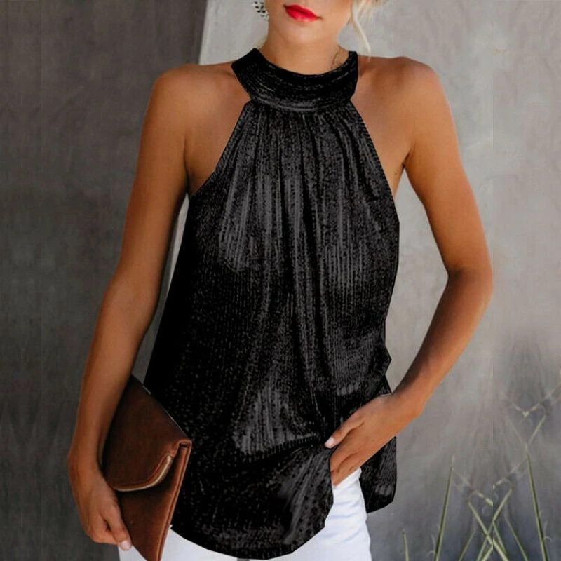 Women Gold Blouse 2021New Fashion High Neck Sleeveless Hatler Tank Top Vest Summer Casual Loose Blouse Shirt Tee