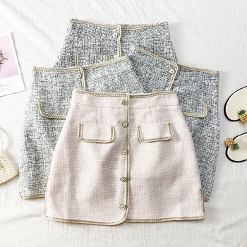 Dentelle Tweed taille haute mince jupe courte femmes été simple boutonnage mince enveloppe fesse jupe