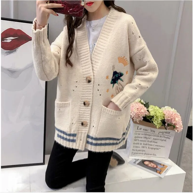 

Women Cardigan Sweater 2020 Autumn Winter oversize Loose Cartoon Embrdoiary Harajuku Open Front Cardigans White Blue Black Red
