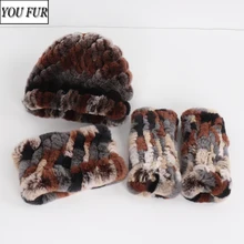 Women Winter Knitted Elastic Real Rex Rabbit Fur Hat Scarf Gloves Sets Natural Warm Rex Rabbit Fur Cap Scarves Mittens 3 Pieces