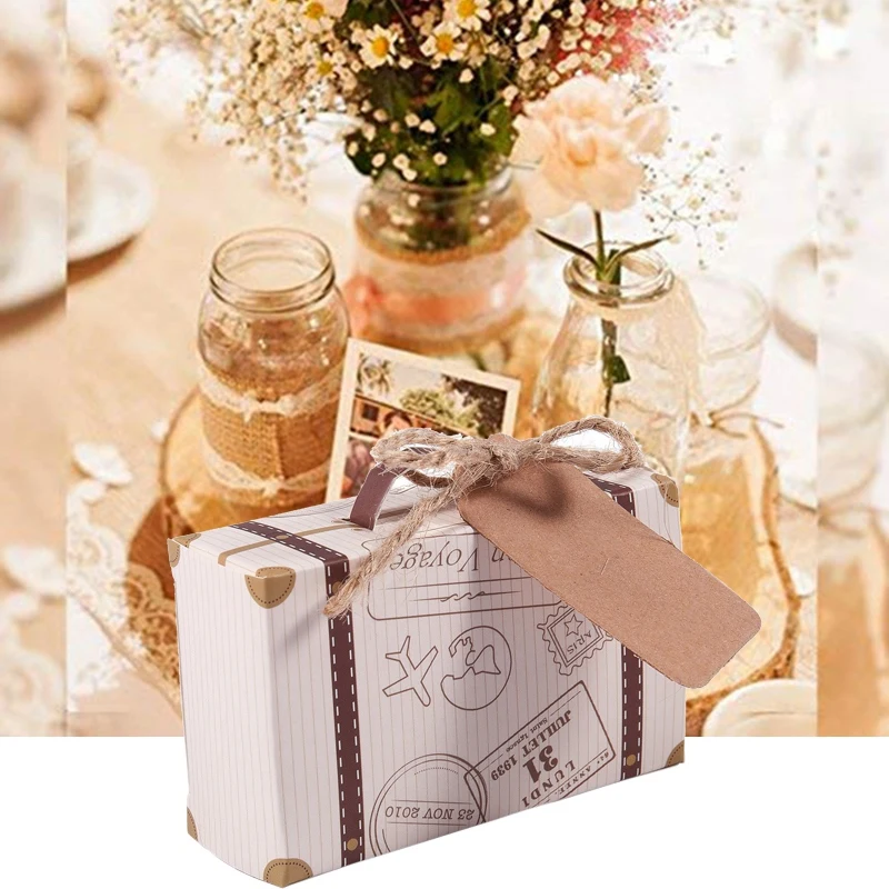 CNNIK 100 Piezas Mini maleta Caja Caja Favor Caramelo Caja Vintage Papel Kraft con etiquetas y hilo de arpillera para bodas/Viajes Fiesta temática Invitado Boda Ducha nupcial 