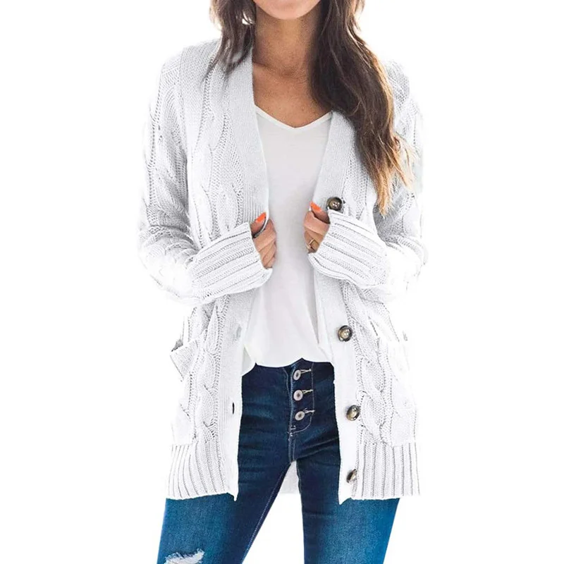 thumbnail image 1 of Cárdigan de moda Otoño Invierno 2021 para mujer, cuello en V, un solo pecho, suéter de punto sólido, abrigo de mujer, manga larga, prenda de punto informal, 1 of 5