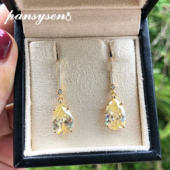 

PANSYSEN Gold Color 9*13MM Citrine Diamond Earrings Real Silver 925 Fine Jewelry Drop Earrings Wedding Engagement Gift for Women