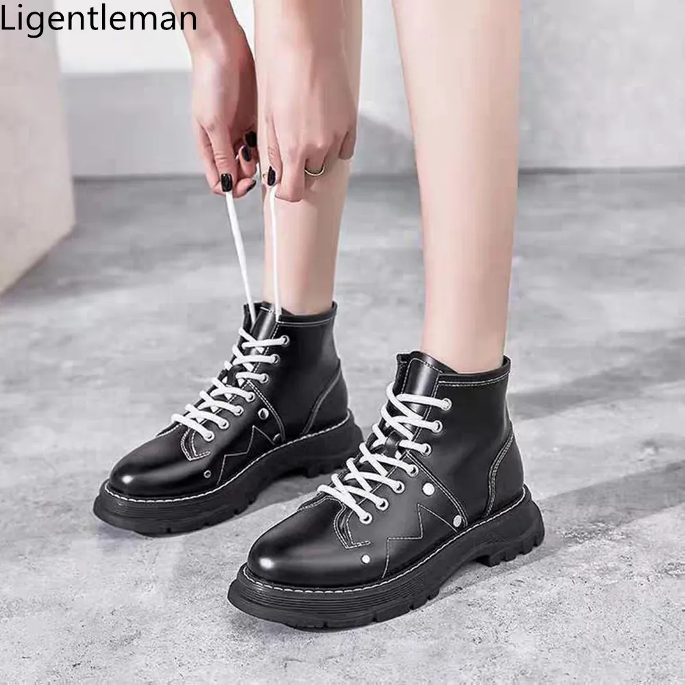 

Ankle Boots Woman 2020 New Black Lacquered Leather Round Head Tied With Thick Soled Motorcycle Riders Fashion Womens Boots
