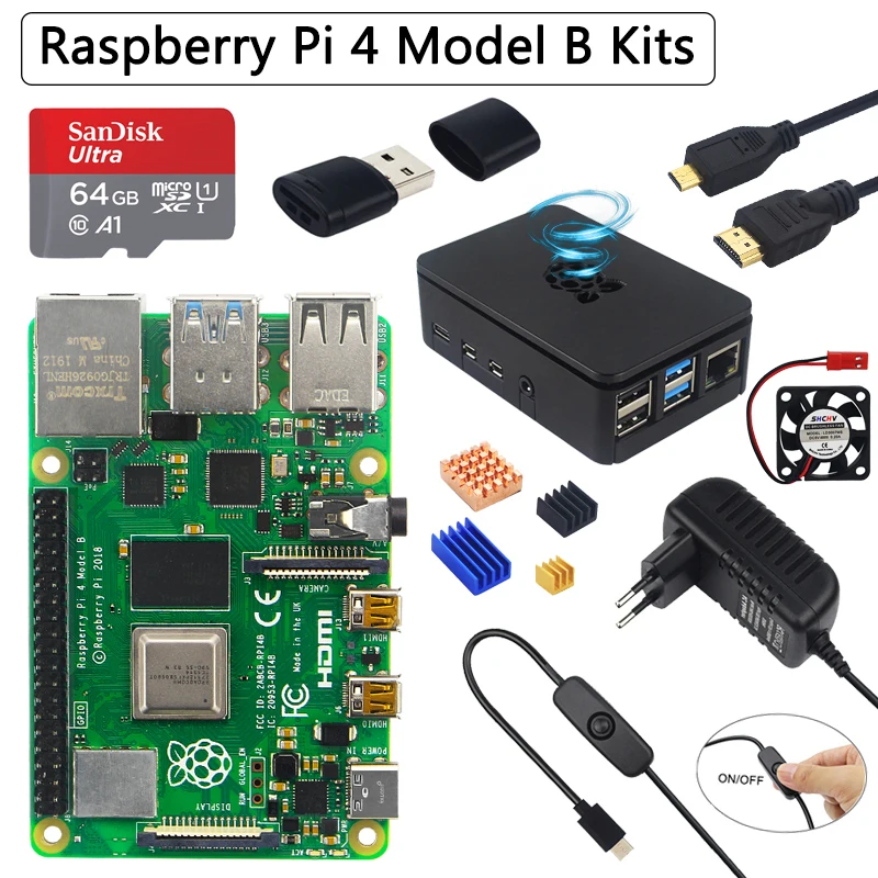 Оригинальный комплект Raspberry Pi 4 Model B + чехол из АБС пластика SD карта 32 64 ГБ адаптер