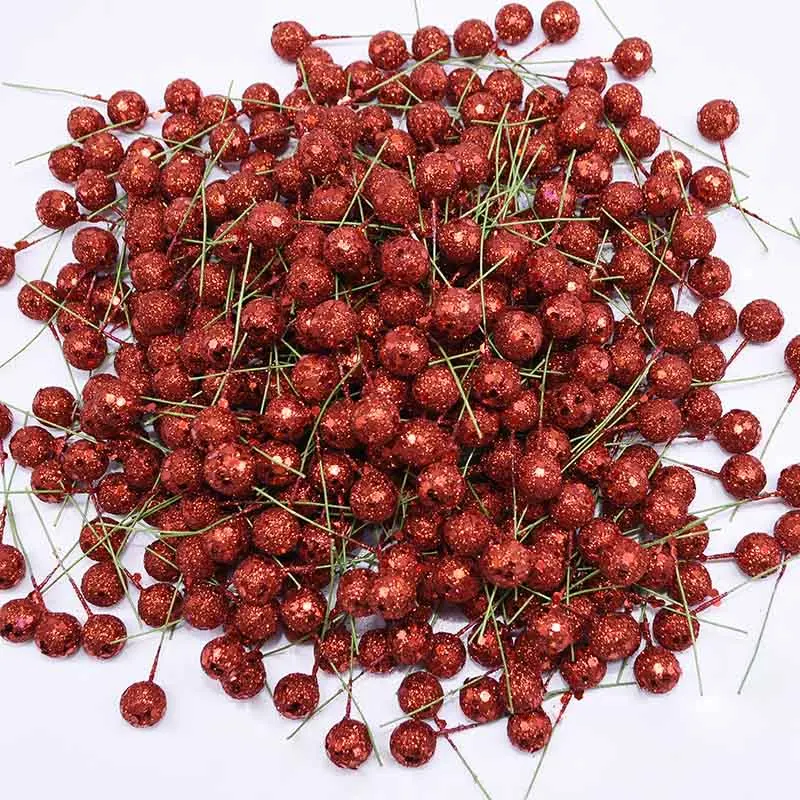 100Pcs Mini Glitter Artificial Flower Fruit Stamens DIY Gift Box Decorations Cherry Christmas Plastic Pearl Berries for Wedding