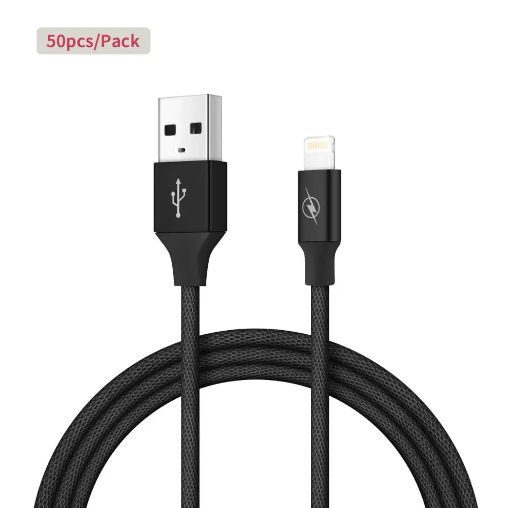 50 шт. кабель Micro USB для зарядного устройства [сертифицирован Apple MFi] 1 м(3,3 фута) нейлоновый Плетеный usb-кабель для быстрой зарядки для Apple iPhone XS Max XR X - Цвет: Черный