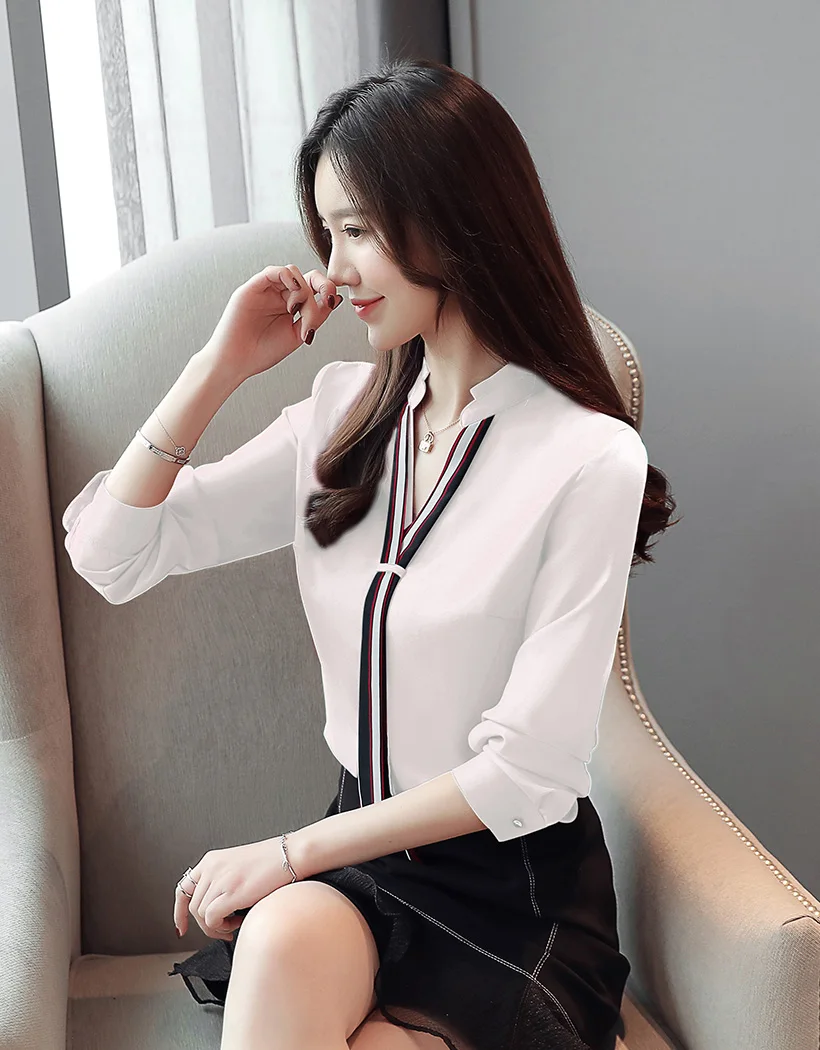 Blusas mujer de moda, осенняя модная блузка из шифона с длинными рукавами, Повседневная шифоновая рубашка с v-образным вырезом и длинными рукавами, офисные женские блузы