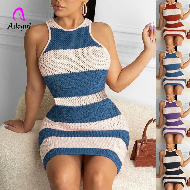 Knitted Women Mini Dresses Sleeveless Stripes Bodycon 2021 Autumn Workout Activewear Sexy Night Club Party Slim Vestidos | Женская