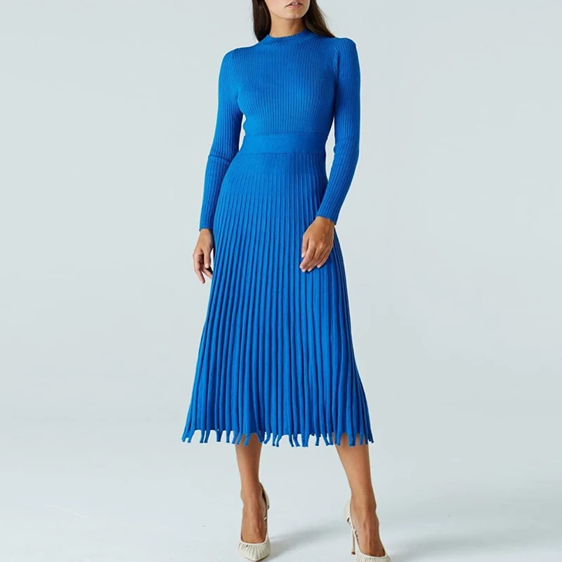 Royal Blue Nadafair осеннее платье миди с длинным рукавом, высокая талия, однотонное Плиссированное Платье,, черное элегантное вязаное платье-свитер - Цвет: Royal Blue