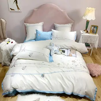 

White Blue Embroidery Egyptian Cotton Bedding Set Luxury Duvet Cover Bed Sheet Fitted sheet Pillowcases King Queen size 4/7pcs