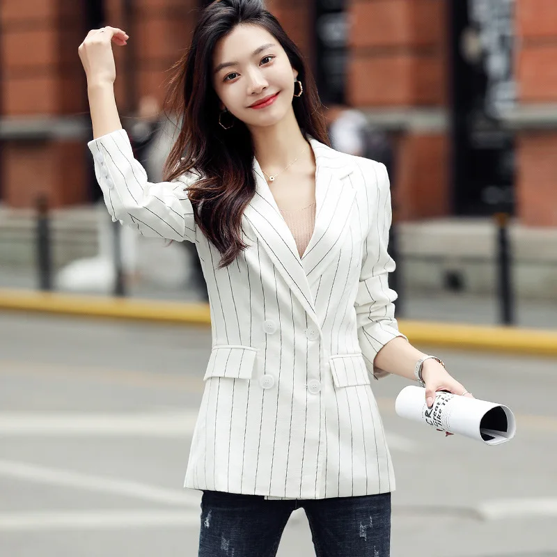 

2019 autumn new women's striped blazer Temperament Slim Double Row Ladies Jacket Large Size Business office white jacket female