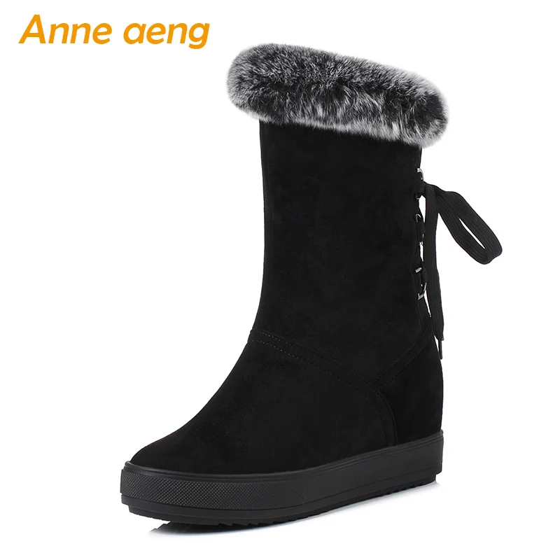 

2019 New Winter Women Snow Boots Wedge Hidden Heel Round Toe Lace-Up Rabbit Fur Casual Women Platform Shoes Black Ankle Boots