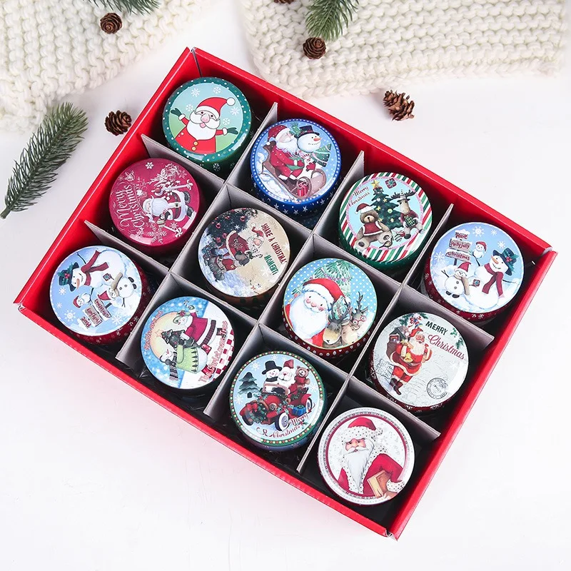 

Metal Round Christmas Theme Printed Tin Case Candy Gift Storage Containers With Lids Holiday Decorative Box Random Color