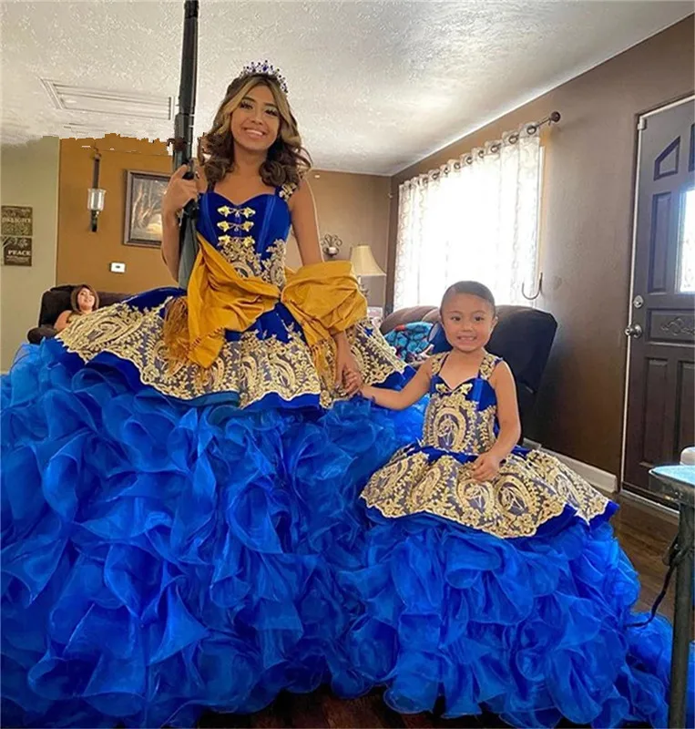 Princess Royal Blue Quinceanera Dresses ruffles puffy tiered skirt gold detail  Prom Graduation Gowns Sweet 15 16 Dress Lace Up