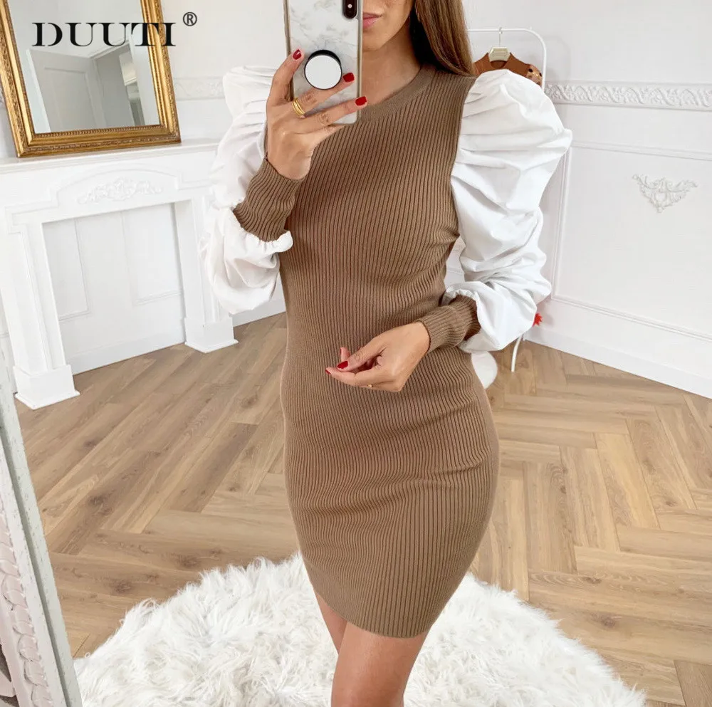

DUUTI Women Dress Solid Pleated Stripe Stitching Puff Sleeve Dress Ladies Ribbed Cuffs Round Neck Spring Autumn Casual Dress D30