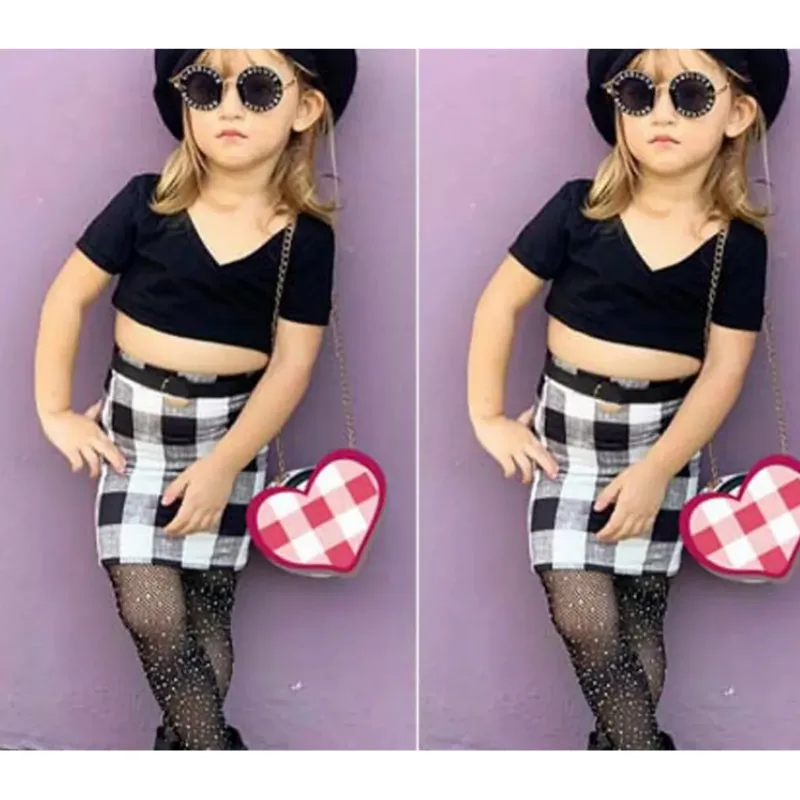 

1-5Years Toddler Kids Baby Girls Clothes Black Short Sleeve V-Neck Crop Top Shirt High Waist Plaid Skirt Summer Outfit Hot Sale