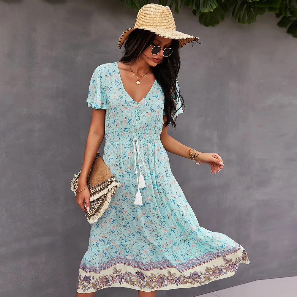 beach maxi dress with sleeves 2021 Design Australian Women's Positioning Flower Bohemian Holiday Casual Dress white beach dress long Cover-Ups