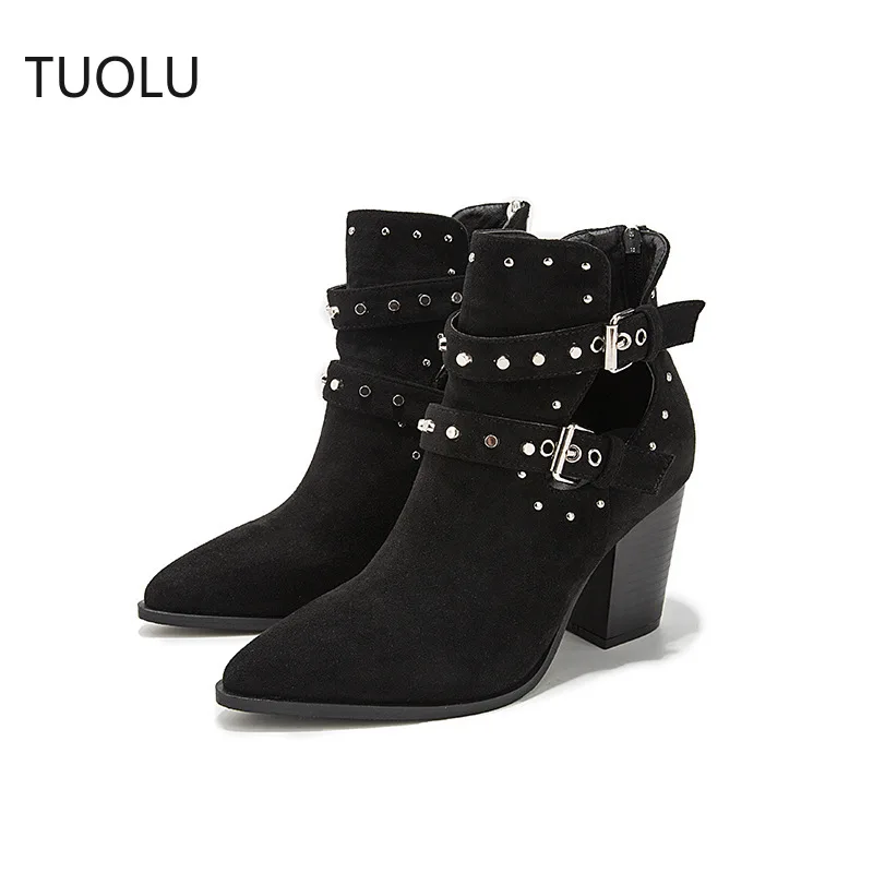 

Pointed Boots Woman 2019 New Foreign Trade High Heel Fashion Autumn Short Tube Thick Heel Belt Buckle Printed Boots