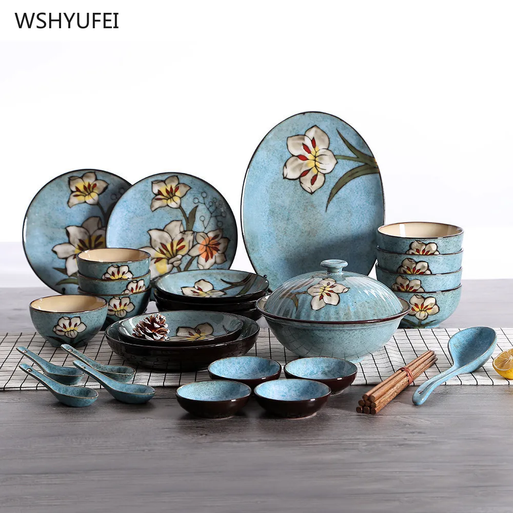 

1Pcs Artificial hand-painted kiln change flower blue cutlery set home ceramic plate western steak salad dessert cake sushi plate