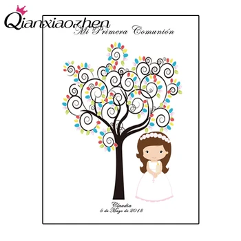 

Qianxiaozhen Personalized Canvas Fingerprint Tree Signature DIY Guest Book For Girls First Holy Communion Souvenir Decorations