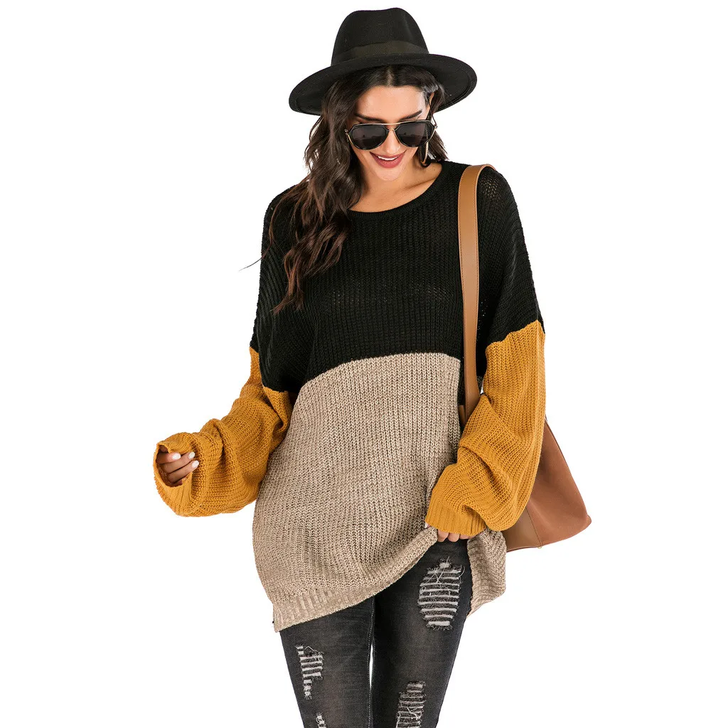 Fashion Women O-Neck Long Bat Sleeve Color Block Warm Casual Knitted Sweater Top | Женская одежда
