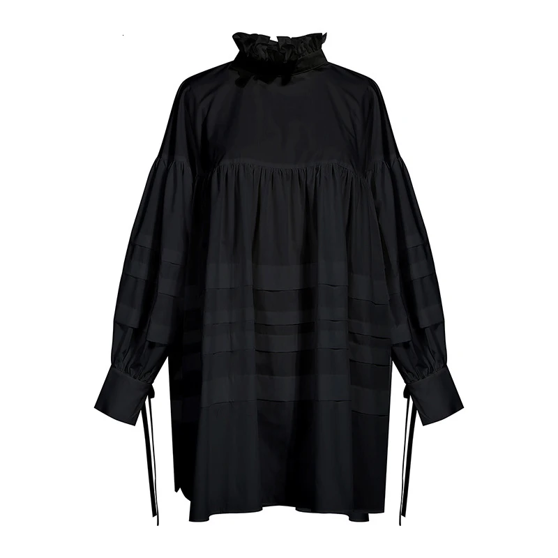 [EAM] Женская блузка с оборками, с разрезом, большого размера, новинка, воротник-стойка, длинный рукав, свободная, модная, весна-осень, 1D464 - Цвет: black