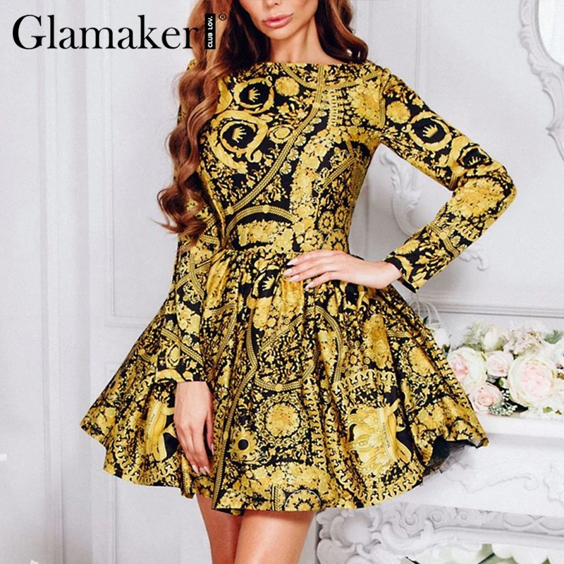 

Glamaker Paisley print fashion vintage dress autumn A line long sleeve holiday elegant dress Sexy party club short dress women